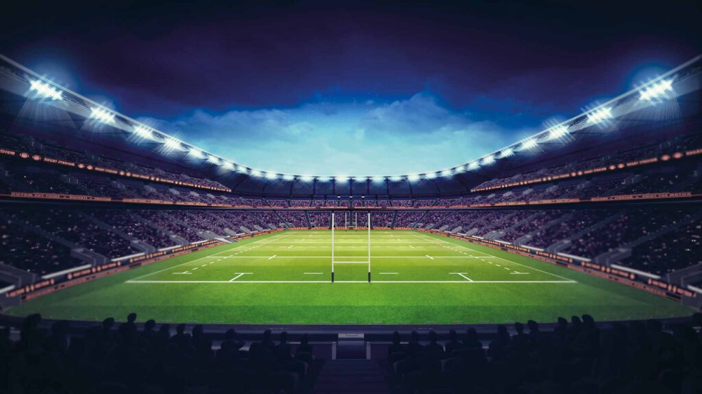 Dynamic floodlit rugby pitch representing the Rugby World Cup